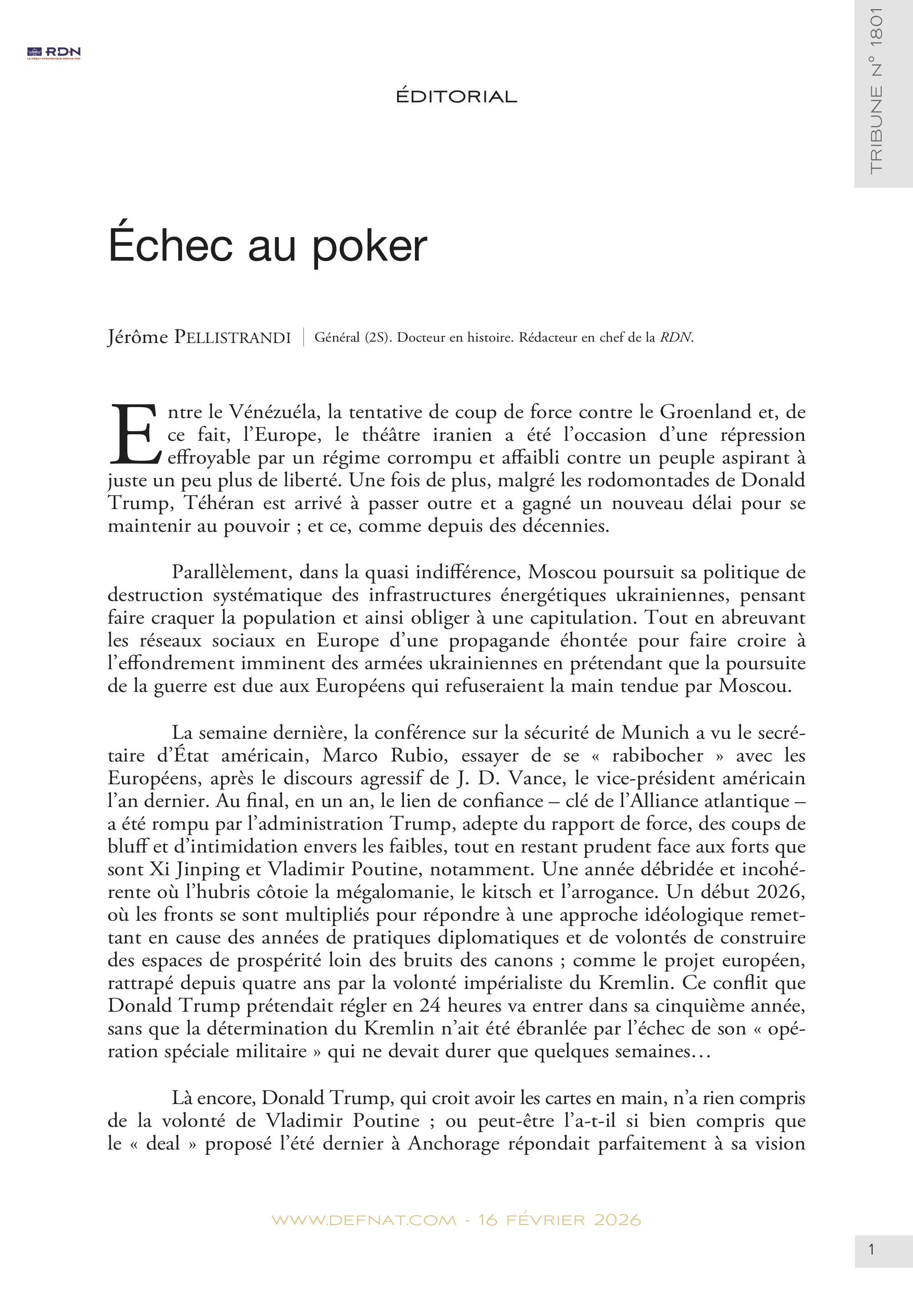 &Eacute;ditorial &ndash; &Eacute;chec au&nbsp;poker (T&nbsp;1801)
